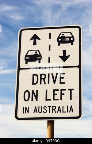 Drive on left in Australia sign seen against cloudy sky Stock Photo