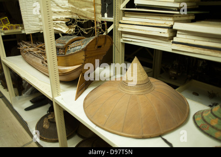 New England history museum keeps many artifacts on shelves in the museum's basement storage area. Stock Photo