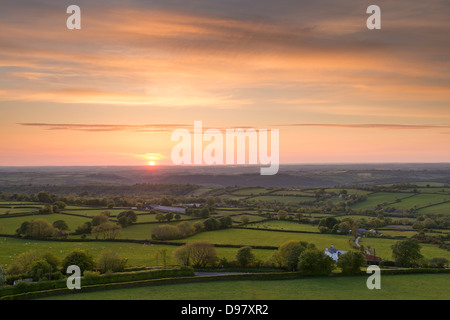 Sunset over beautiful rolling Devon countryside, Devon, England. Summer (June) 2013 Stock Photo