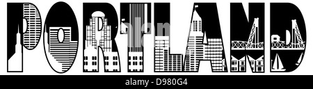 Portland Oregon Downtown City Skyline Text Outline Black and White Silhouette Illustration Stock Photo