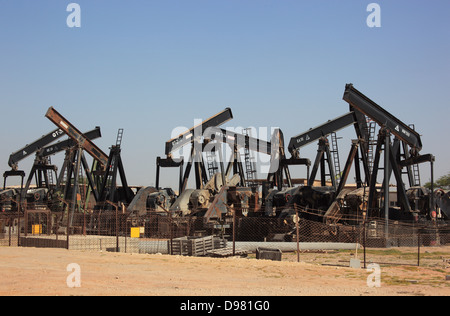 Camp with retired oil pumps with Marmul, Oman Stock Photo