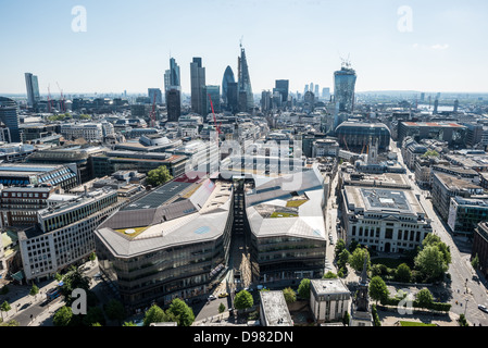LONDON, UK - London's skyline as seen from the top of the dome of St Paul's Cathedral. The new construction of skyrises in the City of London is in the background. Stock Photo