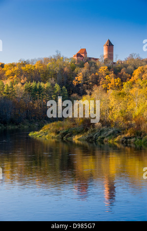 a view of krimulda castle and tower reflected in gauja river Stock Photo