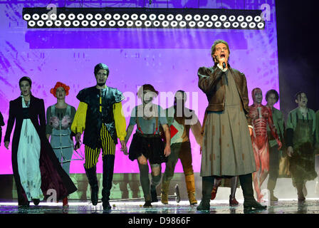 Matthias Jahrmaerker as Martin Luther (R) rehearses a scene of the musical 'Luther! Rebel against his will' with further performers on a stage of the Eisenach State Theatre in Eisenach, Germany, 13 June 2013. The piece premiers on 15 Juni 2013. Photo: MARTIN SCHUTT Stock Photo