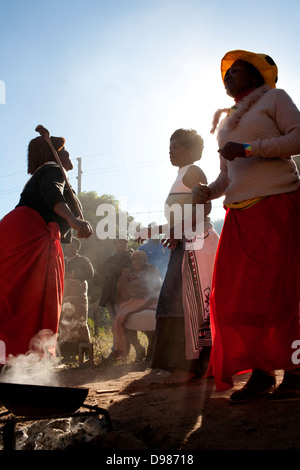 During sangoma initiation ceremony girls chant dance in hut in Peernars ...