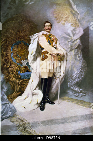 Wilhelm II (1859-1941) Emperor of Germany (1888-1918) full-length portrait in full uniform and ermine robe, standing in front of throne. Artist, Ferdinand Keller 1842-1922. Stock Photo