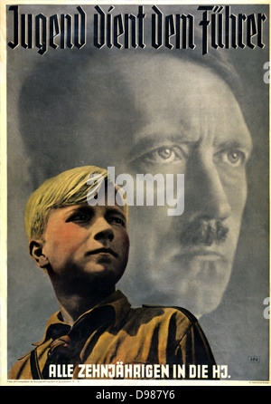 Youth serves the Fuhrer' 'All 10-year olds in the Hitler Youth'. Hitler youth Poster circa 1936. Stock Photo