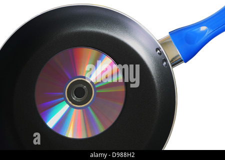 Compact disk on a frying pan isolated on white background Stock Photo