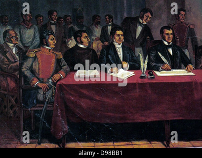 Mexican War of Independence (from Spain) 1810-1820: Congress of Chilpancingo, 1813, called by Jose Maria Teclo Morelos y Pavon (1765-1815), right, Mexican Roman Catholic Priest who became leader of the revolutionaries after the exection of Miguel Hidalgo. The Congress endorsed Mexico's declaration of independence and on 6 November signed the first legal document of separation from Spain is proclaimed. Stock Photo