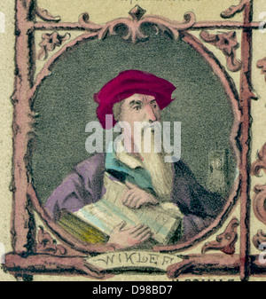 John Wycliffe (c1329-1384) English theologian and religious reformer. Initiated and contributed to the translation of the Bible from Latin into English. A precursor of the Reformation. Coloured lithograph. Stock Photo