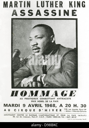Martin Luther King Jnr. (1929-1968) American Baptist minster and black civil rights leader: Awarded Nobel Peace Prize, 1964. Poster by the Movement Against Racism and for Peace (MRAP) announcing a meeting in Paris in homage of his life a few days after his assassination on 4 April 1968. Stock Photo