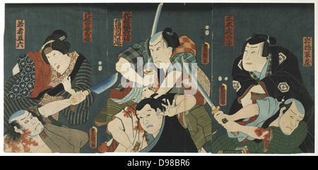 Scene from a Kabuki theatre performance. In this highly stylised Japanese dance-drama, from 1629 all roles had to be played by men. Those who specialised in female roles were known as onnagata. Utagawa Kunisada (1786-1864) Japanese artist and printmaker. Coloured woodblock print. Stock Photo