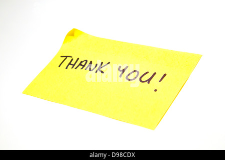 'Thank You!' written on a yellow post it note Stock Photo