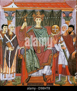 Painting showing the peoples of the world adoring Otto III, from the Gospels of Otto III. (View Larger) The Gospels of Otto III, probably produced in Reichenau Abbey, in the scriptorium headed by the monk Liuthard, for Holy Roman Emperor Otto III, Circa 998 – 1001. Otto is shown seated disdainfully on his majestic throne, flanked by two priests with books Stock Photo