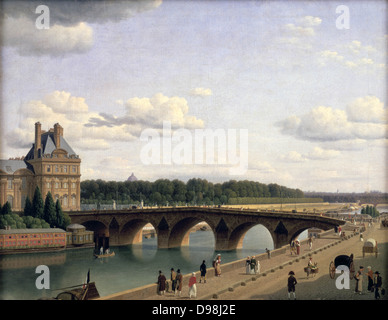 View of Pont Royal and Quai Voltaire, Paris, 1812' oil on canvas by Christoffer Wilhelm Eckersberg (1785-1853) Danish painter. Bridge over the River Seine linking the Right Bank at the Pavillion Flore with the Left Bank. Stock Photo