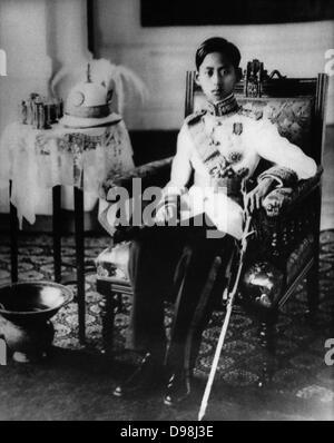 Ananda Mahidol (20 September 1925–9 June 1946) was the eighth monarch of Thailand under the House of Chakri. He was recognized as king by the National Assembly in March 1935. He was a nine-year-old boy living in Switzerland at this time. He returned to Thailand in December 1945. He was found shot to death in his bed in June 1946. Stock Photo