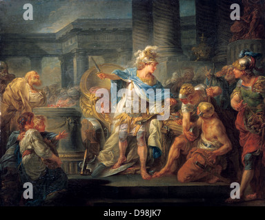 Alexander cutting the Gordian Knot' oil on canvas. Jean-Simon Berthelemy (1743-1811) French history painter. Legend is, in 333 BC at Gordium, Phrygia, Alexander the Great, unable to untie the knot, sliced it with his sword. Alexandrian solution. Stock Photo