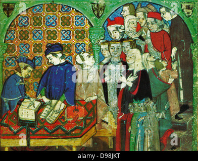 Banking in medieval Genoa, Italy, depicted in a 15th Century, Italian manuscript. Scene shows customers with account books Stock Photo