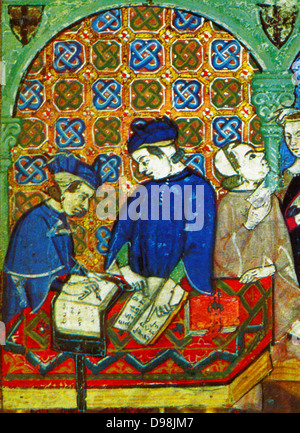 Banking in medieval Genoa, Italy, depicted in a 15th Century, Italian manuscript. Scene shows customers with account books Stock Photo