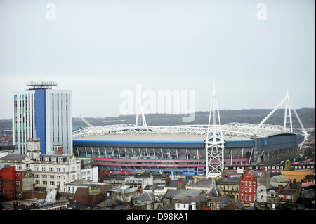 Millennium Stadium and Stadium House (BT Tower) in Cardiff, UK. Including spires, these are the two tallest buildings in Cardiff Stock Photo