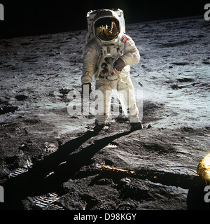 Astronaut Buzz Aldrin walks on the surface of the moon near the leg of the lunar module Eagle during the Apollo 11 mission. Mission commander Neil Armstrong took this photograph with a 70mm lunar surface camera. While astronauts Armstrong and Aldrin explored the Sea of Tranquillity region of the moon, astronaut Michael Collin remained with the command and service modules in lunar orbit Stock Photo