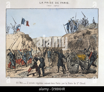 Paris Commune 26 March-28 May 1871. The Bloody Week: Regular Government troops, Versailles, entering Paris by the Porte St Cloud, 22 May 1871. Coloured lithograph. Stock Photo