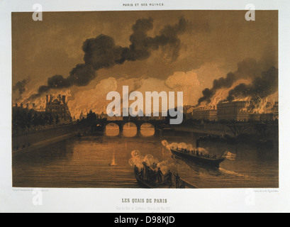 Paris Commune 26 March-28 May 1871. The Bloody Week: The Quays of Paris, view of the Pont Solferino on the night of 24 May, Paris in flames. Lithograph. Stock Photo