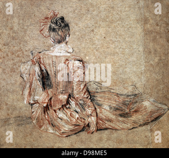 Seated woman viewed from the back . Drawing in black and red chalk. Jean-Antoine Watteau (1684-1721) French Rococo painter Stock Photo