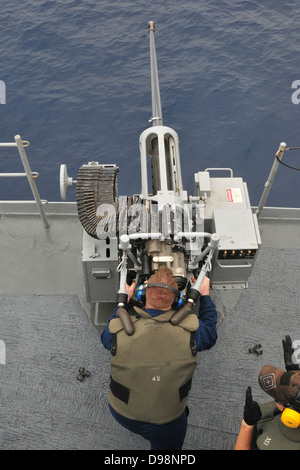PACIFIC OCEAN (June 6, 2013) Fire Control Technician 2nd Class John Dees fires a 25 mm machine gun during live-fire exercises aboard the submarine tender USS Emory S. Land (AS 39). Home ported in Diego Garcia, Emory S. Land is a forward deployed expeditio Stock Photo