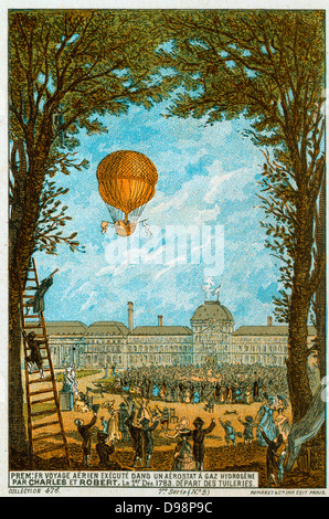 First manned flight in a hydrogen-filled balloon made by Jacques Charles and Nicolas-Louis Robert from the Tuileries, Paris, France, 1 December 1783. Travelled 36km in 2 hours 5 minutes. Aeronautics Aviation Ballooning Flying Stock Photo