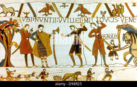 Bayeux Tapestry 1067: In 1064 messengers from William of Normandy demand of Count Guy the release of Earl Harold Godwinson (later Harold II, Anglo-Saxon king of England). Sowing and harrowing field in bottom border. Textile Linen Stock Photo