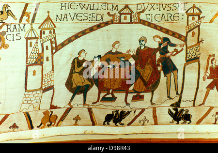 Bayeux Tapestry 1067. William of Normandy (William the Conqueror) told of the death of Edward the Confessor and the crowning of Harold II as king of England. Sitting on right is William's half-brother Bishop Odo of Bayeux. Textile Stock Photo