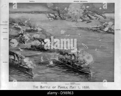 Spanish-American War 1898: Battle of Manila Bay, Philippines, 1 May 1898, the first major engagement of the conflict. Commodore George Dewey's cruiser leading action. Overwhelming US victory. Print c1900 Naval Warfare . Stock Photo