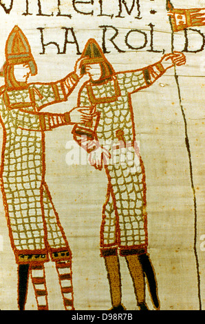 Bayeux Tapestry 1067. William of Normandy (later William I of England) rewards Harold Godwinson Earl of Wessex (Harold II of England 1066) with arms, and knights him, 1064. Armour Chain Mail Helmet Standard Textile Linen Stock Photo