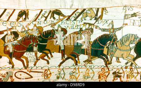 Bayeux Tapestry 1067: William of Normandy (William I, the Conqueror) at Battle of Hastings, 14 October 1066, raises his helmet to show his followers that he is still alive. Cavalry Lance Sword Archer Bow Arrow Textile Linen Stock Photo