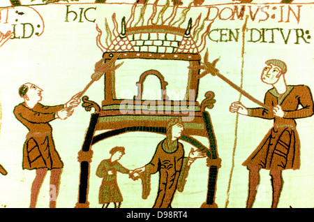 Bayeux Tapestry 1067: A pictorial narrative account of the conquest of England by William of Normandy and death of Harold II at Battle of Hastings in 1066. Woman and child fleeing from burning house. Textile Linen Stock Photo