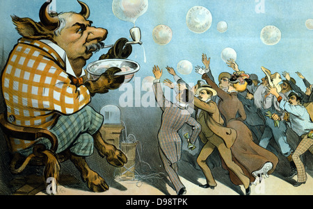 Wall Street bubbles - Always the same'. J. Pierpont Morgan (1837-1913) American financier as a bull blowing bubbles of 'inflated values', for which a group of people are eagerly reach. From 'Puck', New York 1901. Telegraph Ticker-tape Stock Photo