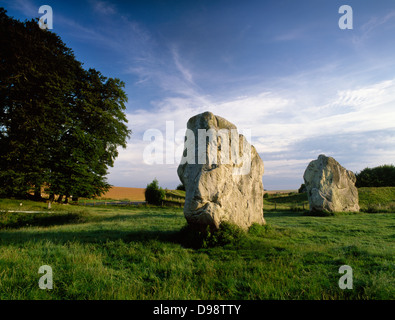 Avebury, Wiltshire: two massive stones of the Great Circle at the SE entrance to the henge monument, Stone 1 (R) is known as the Devil's Chair. Stock Photo