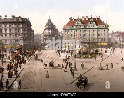 View of Karlsplatz, Munich, from the Carlsthor (Karlsthor) looking towards Central Railway Station, Bavaria, Germany, 1890-1905. Transport Tram Tramline Carriage Horse Pedestrian Pavement Road Stock Photo
