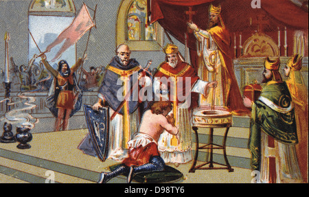 Establishment of the Normans in France. Baptism of Rollo at Rouen in 911. Rollo (c870-c932, Robert after conversion to Christianity) Viking warrior and first Duke of Normandy. France Nineteenth century Trade Card Chromolithograph Stock Photo