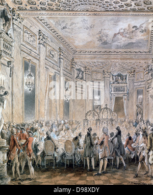 Fetes at Louveciennes, 1771. Jean-Michel Moreau the Younger (1741-1814) French painter. Court painter to Louis XV from 1770. In 1769 Louis gave the Chateau of Louveciennes to his mistress Mme du Barry. Royal Court Stock Photo