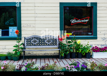 Old wooden front porch, Hotel Chitina, tiny and remote town of Chitina, Alaska, USA Stock Photo