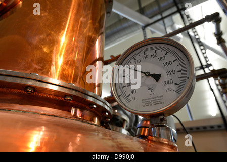 Temperature gauge on a an artisan made still at the Stein Distillery in Joseph, Oregon. Stock Photo