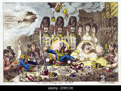 The Hand-Writing upon the Wall', James Gillray, 1803. Napoleon and Josephine, guarded by French soldiers, enjoy a feast of English riches. Napoleon looks on at writing. Above his head a crown is overbalancing a Cap of Liberty. Omen Stock Photo