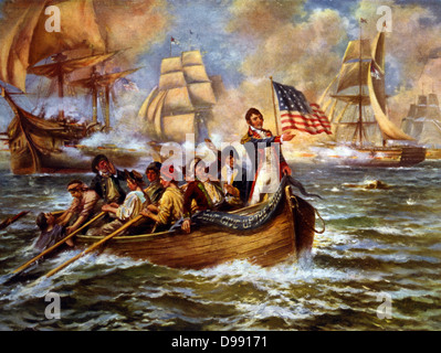 War of 1812: Battle of Lake Erie (Put-in-Bay), Ohio, 10 September 1813. Oliver Hazard Perry in bow of small rowing boat after abandoning his flagship 'Lawrence' transferring to 'Niagara'. Decisive American victory over Britain. Naval. C1911 Stock Photo