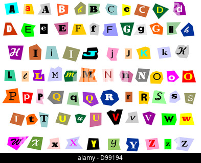 Alphabet newspaper uppercase, lowercase and symbols cutouts isolated on white. Mix and match to make your own words. Stock Photo