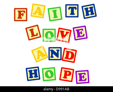 Biblical, spiritual or metaphysical reminder - faith, hope and love in various colour blocks, isolated on white. Stock Photo