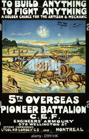 World War I 1914-1918: Canadian recruitment poster for the 5th Overseas Pioneer Battalion, 1916.'To build anything, to fight anything. A golden chance for the artisan & Mechanic'. Soldiers building a bridge while airplanes fly above. Stock Photo