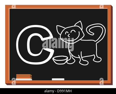 Illustration of alphabet letter C with a cute little cat on blackboard. C is for cat Stock Photo