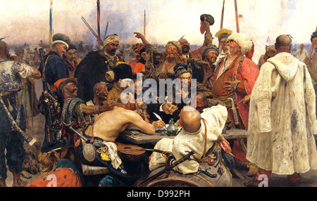 Reply of the Zaporozhian Cossacks to Sultan Mehmed IV of the Ottoman Empire', 1880-91. Oil on canvas. Ilya Repin (1844–1930) Russian artist. Political and military force from 16th century until disbanded by Russia in 18th century. Stock Photo